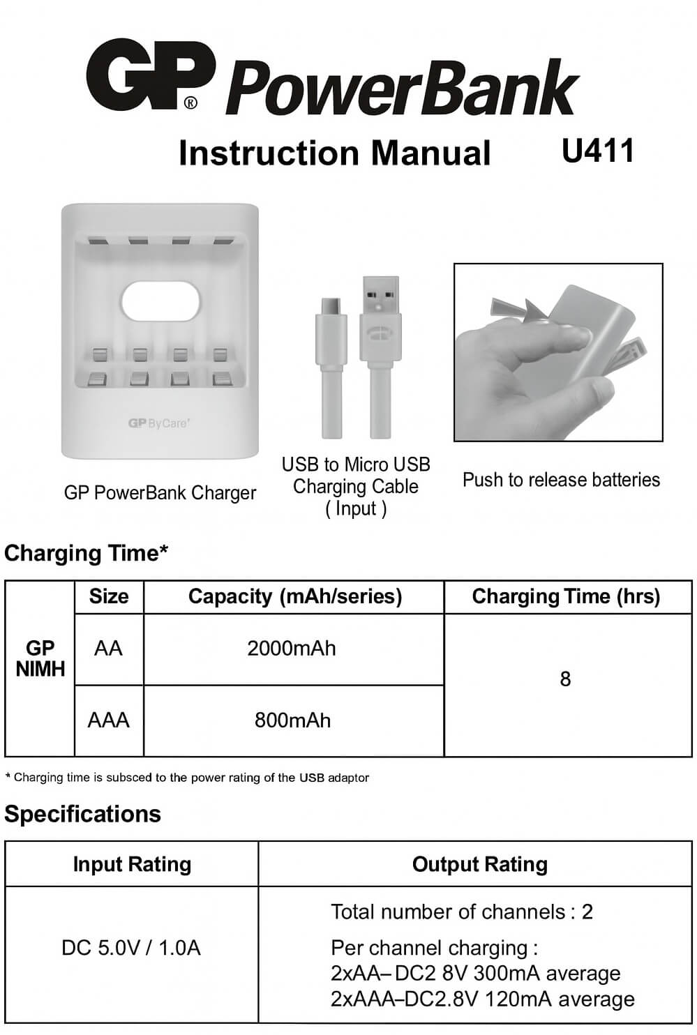 Cargador GP U411 con baterías AA 2000mAh y USB